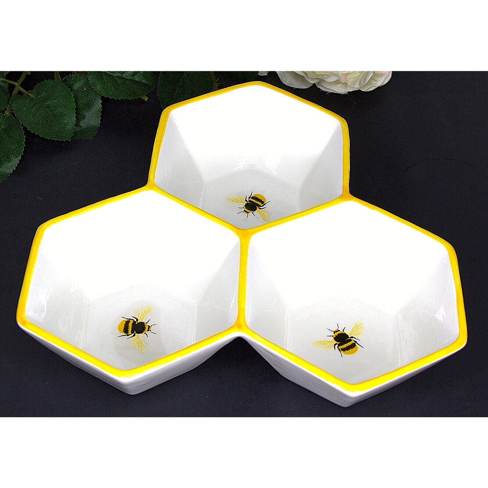 Honeycomb Bee Motif Ceramic Snack Tray – Sectioned Serving Bowl
